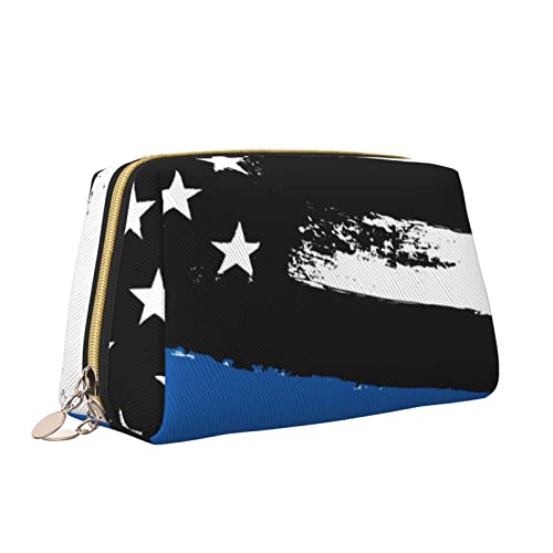 Leder-Make-up-Tasche mit Reißverschluss für Damen, dünne Blaue Linie, amerikanische Flagge, patriotische Kosmetiktasche, Kulturbeutel, niedlicher wasserdichter Make-up-Koffer, Reise-Organizer für Acc von Melbrakin