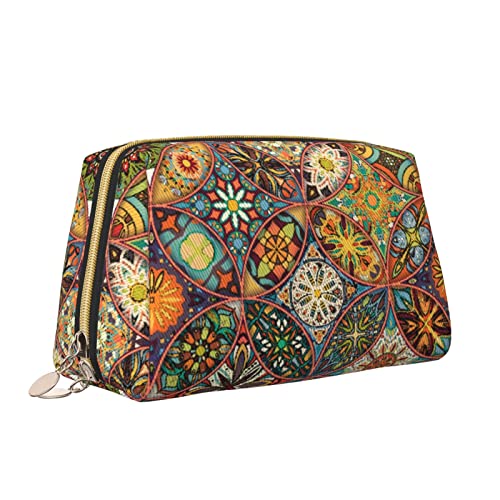 Leder-Make-up-Tasche mit Reißverschluss für Damen, ethnisches Blumenmuster, farbiges Mosaik, Kosmetiktasche, Kulturbeutel, niedlicher wasserdichter Make-up-Koffer, Reise-Organizer für Accessoires, to von Melbrakin