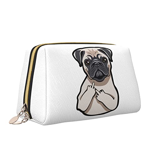 Leder-Make-up-Tasche mit Reißverschluss für Damen, niedlicher unschuldiger Mops-Welpen-Mittelfinger-Kosmetiktasche, Kulturbeutel, niedlicher wasserdichter Make-up-Koffer, Reise-Organizer für Accessoi von Melbrakin