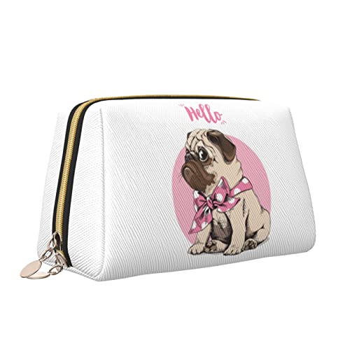 Leder-Make-up-Tasche mit Reißverschluss für Damen, süßes beiges Welpe-Hagg mit Fliege, Hello-Kosmetiktasche, Kulturbeutel, niedliches wasserdichtes Make-up-Etui, Reise-Organizer für Accessoires, Toil von Melbrakin