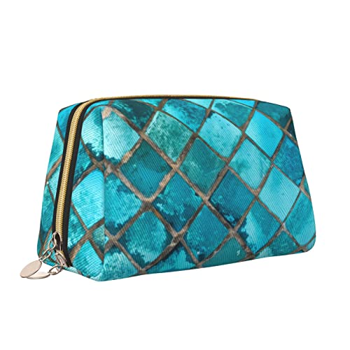 Leder-Make-up-Tasche mit Reißverschluss für Damen, türkisblaue Kosmetiktasche, Kulturbeutel, niedlicher wasserdichter Make-up-Koffer, Reise-Organizer für Accessoires, Toilettenartikel, Geschenke, S von Melbrakin