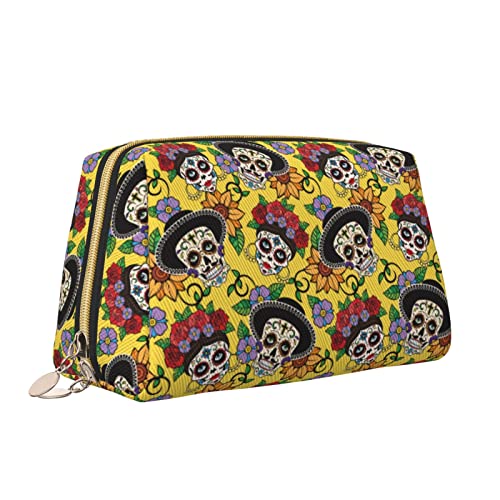 Make-up-Tasche aus Leder mit Reißverschluss für Damen, Day of The Dead Sugar Skull Kosmetiktasche, Kulturbeutel, niedlicher wasserdichter Make-up-Koffer, Reise-Organizer für Accessoires, Toilettenart von Melbrakin
