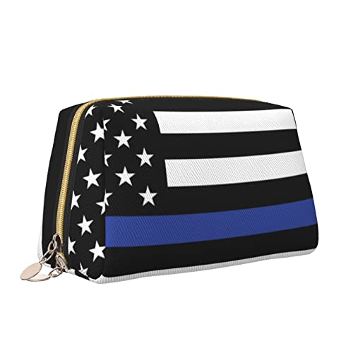 Make-up-Tasche aus Leder mit Reißverschluss für Damen, Kosmetiktasche mit USA-Flagge, Blaue Linie, Kulturbeutel, niedlicher wasserdichter Make-up-Koffer, Reise-Organizer für Accessoires, Toilettenart von Melbrakin
