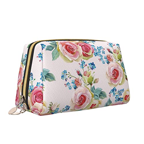 Make-up-Tasche aus Leder mit Reißverschluss für Damen, Shabby-Chic-Kosmetiktasche mit englischem Rosen-Blumenmuster, Kulturbeutel, niedlicher wasserdichter Make-up-Koffer, Reise-Organizer für Accesso von Melbrakin