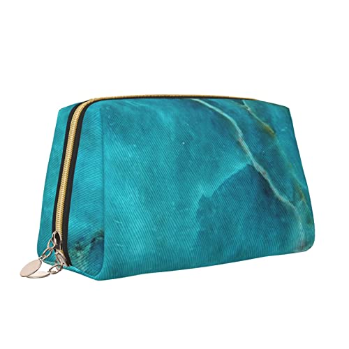 Make-up-Tasche aus Leder mit Reißverschluss für Damen, blaugrüne grüne Marmorstruktur, Kosmetiktasche, Kulturbeutel, niedlicher wasserdichter Make-up-Koffer, Reise-Organizer für Accessoires, Toilette von Melbrakin