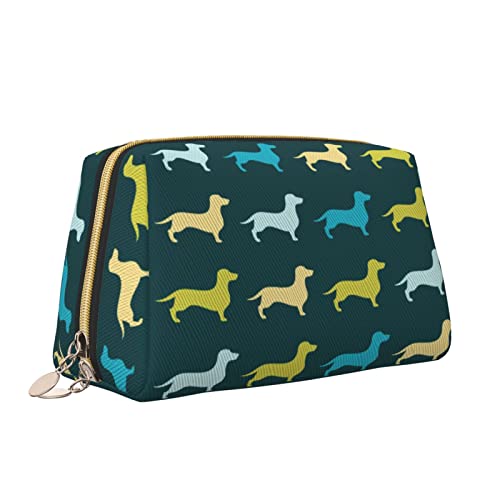 Make-up-Tasche aus Leder mit Reißverschluss für Damen, bunter Welpe, Hund, Dackel, Kosmetiktasche, Kulturbeutel, niedlich, wasserdicht, Make-up-Etui, Reise-Organizer für Accessoires, Toilettenartikel von Melbrakin