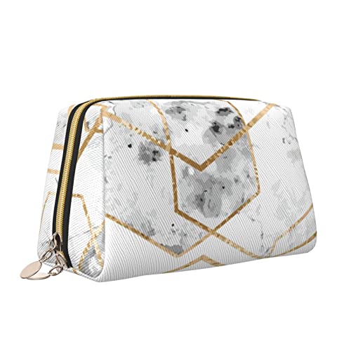 Make-up-Tasche aus Leder mit Reißverschluss für Damen, geometrische goldene Linien und Marmor, Kosmetiktasche, Kulturbeutel, niedlicher wasserdichter Make-up-Koffer, Reise-Organizer für Accessoires, von Melbrakin