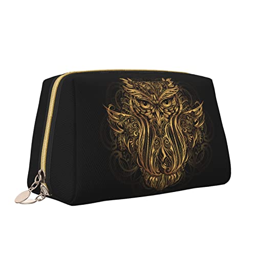 Make-up-Tasche aus Leder mit Reißverschluss für Damen, goldene Eule, Schnitzerei, Kosmetiktasche, Kulturbeutel, niedlich, wasserdicht, Make-up-Etui, Reise-Organizer für Accessoires, Toilettenartikel, von Melbrakin