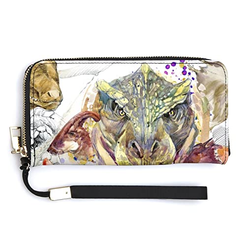 Melbrakin Aquarell-Dinosaurier-Tiere-Damen-Handgelenk-Geldbörse, große Kapazität, Geldbörsen für Damen, Lange Clutch-Taschen, Bedruckte PU-Handtasche mit Reißverschluss von Melbrakin