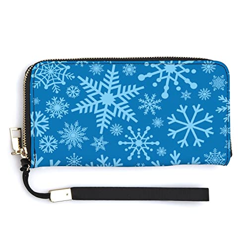 Melbrakin Blaue Schneeflocken-Damen-Handgelenk-Geldbörse, große Kapazität, Geldbörsen für Damen, Lange Clutch-Taschen, Bedruckte PU-Handtasche mit Reißverschluss von Melbrakin