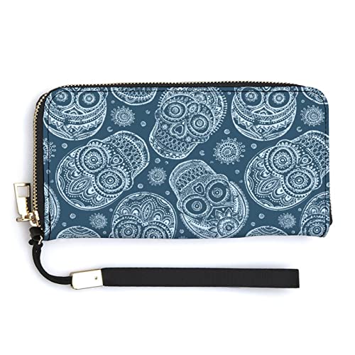 Melbrakin Blue Vintage Ethnic Dead Skull Damen-Geldbörse, große Kapazität, Geldbörsen für Damen, Lange Clutch-Taschen, Bedruckte PU-Handtasche mit Reißverschluss von Melbrakin