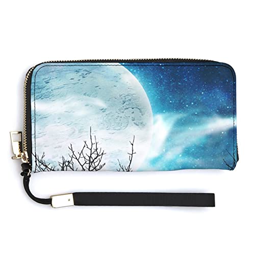 Melbrakin Bright Moon Night Starry Sky Damen-Handgelenk-Geldbörse, große Kapazität, Geldbörsen für Damen, Lange Clutch-Taschen, Bedruckte PU-Handtasche mit Reißverschluss von Melbrakin