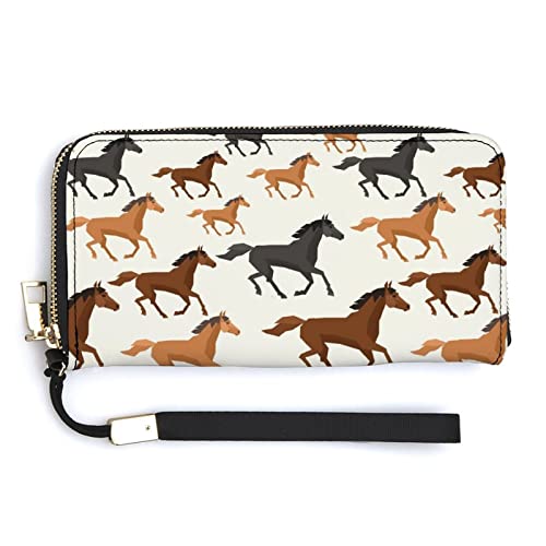 Melbrakin Brown Running Horses Damen-Handgelenk-Geldbörse, große Kapazität, Geldbörsen für Damen, Lange Clutch-Taschen, Bedruckte PU-Handtasche mit Reißverschluss von Melbrakin
