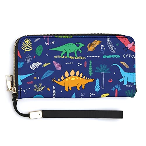 Melbrakin Bunte Dinosaurier mit Palmblättern, Damen-Handgelenk-Geldbörse, großes Fassungsvermögen, Geldbörsen für Damen, Lange Clutch-Taschen, Bedruckte PU-Handtasche mit Reißverschluss von Melbrakin