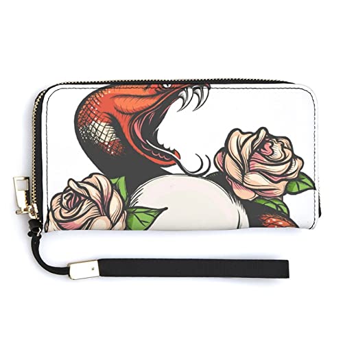 Melbrakin Bunte Tattoo-Schädel-Rosen-Schlange-Damen-Handgelenk-Geldbörse, große Kapazität, Geldbörsen für Damen, Lange Clutch-Taschen, Bedruckte PU-Handtasche mit Reißverschluss von Melbrakin
