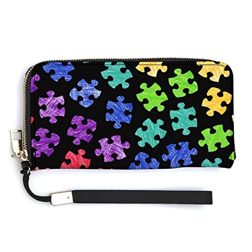 Melbrakin Buntes Autismus-Bewusstseins-Puzzle-Damen-Armband-Geldbörse, große Kapazität, Geldbörsen für Damen, Lange Clutch-Taschen, Bedruckte PU-Handtasche mit Reißverschluss von Melbrakin