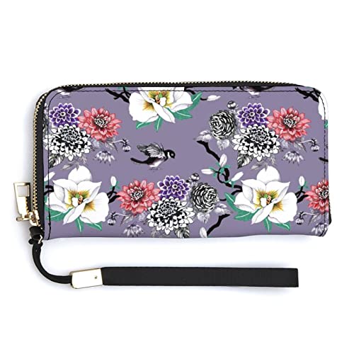 Melbrakin Damen-Geldbörse mit Aquarell-Blumen- und Vögel-Motiv, große Kapazität, Geldbörsen für Damen, Lange Clutch-Taschen, Bedruckte PU-Handtasche mit Reißverschluss von Melbrakin