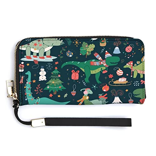 Melbrakin Damen-Geldbörse mit Dinosaurier-Weihnachts- und Neujahrsmuster, großes Fassungsvermögen, Geldbörsen für Damen, Lange Clutch-Taschen, Bedruckte PU-Handtasche mit Reißverschluss von Melbrakin