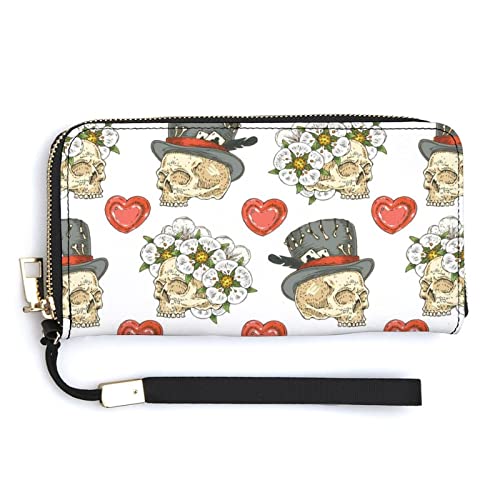 Melbrakin Damen-Geldbörse mit Totenköpfen und Herzen, große Kapazität, Geldbörsen für Damen, Lange Clutch-Taschen, Bedruckte PU-Handtasche mit Reißverschluss von Melbrakin