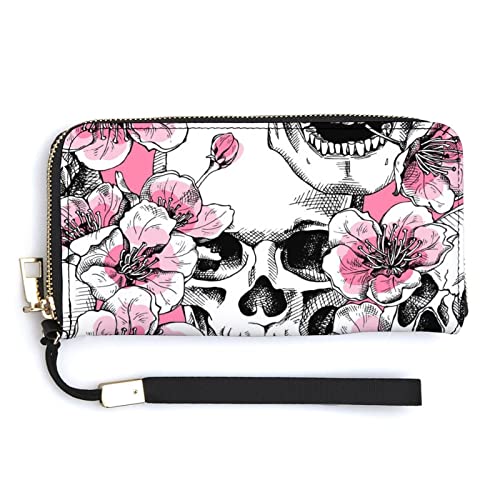 Melbrakin Damen-Geldbörse mit Totenkopf und Blumen, rosa Kirsche, großes Fassungsvermögen, Geldbörsen für Damen, Lange Clutch-Taschen, Bedruckte PU-Handtasche mit Reißverschluss von Melbrakin