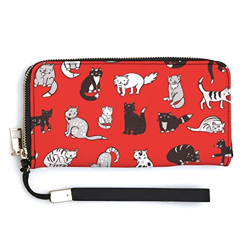 Melbrakin Damen-Geldbörse mit schwarzem und weißem Katzenmuster, großes Fassungsvermögen, Geldbörsen für Damen, Lange Clutch-Taschen, Bedruckte PU-Handtasche mit Reißverschluss von Melbrakin