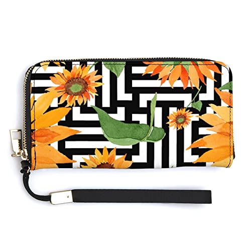 Melbrakin Damen-Handgelenk-Geldbörse mit Aquarell-Orange-Sonnenblumen-Blume, große Kapazität, Geldbörsen für Damen, Lange Clutch-Taschen, Bedruckte PU-Handtasche mit Reißverschluss von Melbrakin