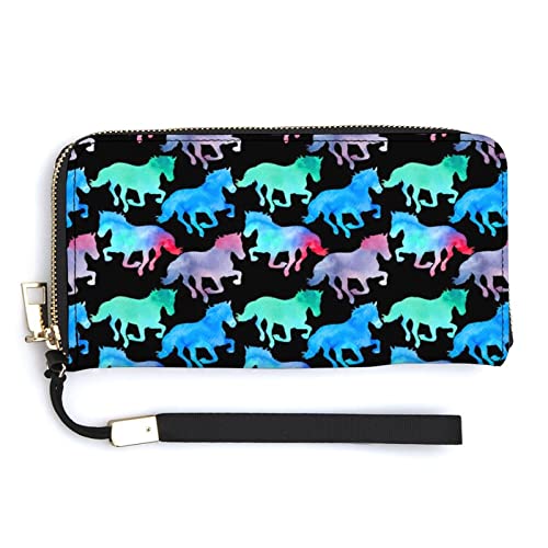 Melbrakin Damen-Handgelenk-Geldbörse mit Pferde-Aquarell-Motiv, große Kapazität, Geldbörsen für Damen, Lange Clutch-Taschen, Bedruckte PU-Handtasche mit Reißverschluss von Melbrakin