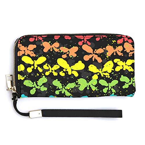 Melbrakin Damen-Handgelenk-Geldbörse mit dunklem Regenbogen und Schmetterlingen, großes Fassungsvermögen, Geldbörsen für Damen, Lange Clutch-Taschen, Bedruckte PU-Handtasche mit Reißverschluss von Melbrakin
