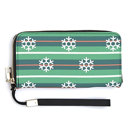 Melbrakin Damen-Handgelenk-Geldbörse mit grünen Schneeflocken-Streifen, großes Fassungsvermögen, Geldbörsen für Damen, Lange Clutch-Taschen, Bedruckte PU-Handtasche mit Reißverschluss von Melbrakin