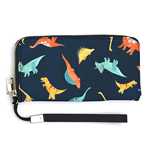 Melbrakin Damen-Handgelenk-Geldbörse mit niedlichen Cartoons, Aquarell-Dinosauriern, großes Fassungsvermögen, Geldbörsen für Damen, Lange Clutch-Taschen, Bedruckte PU-Handtasche mit Reißverschluss von Melbrakin