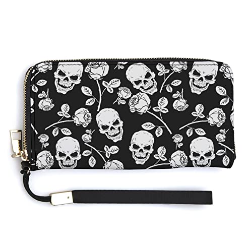 Melbrakin Damen-Handgelenk-Geldbörse mit schwarzen, weißen Rosen und Totenköpfen, große Kapazität, Geldbörsen für Damen, Lange Clutch-Taschen, Bedruckte PU-Handtasche mit Reißverschluss von Melbrakin