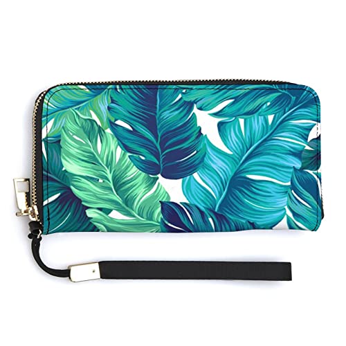 Melbrakin Damen-Handgelenk-Geldbörse mit türkisgrünen tropischen Palmen und Blättern, großes Fassungsvermögen, Geldbörsen für Damen, Lange Clutch-Taschen, Bedruckte PU-Handtasche mit Reißverschluss von Melbrakin