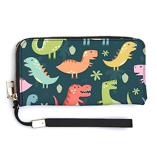 Melbrakin Damen-Handtasche mit großem Fassungsvermögen, Reißverschluss, für Mädchen, Damen-Handyhülle, Holstertasche, kompatibel mit der Geldbörse mit lustigen niedlichen Dinosauriern von Melbrakin