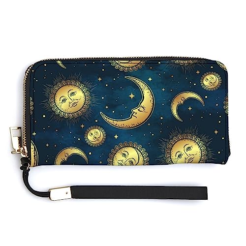 Melbrakin Damen-Pu-Geldbörsen, Handyhülle, Holster-Tasche, niedlich, große Kapazität, Reißverschluss-Handtasche, Geldbörse für Mädchen und Damen, kompatibel mit Boho Chic Gold Moon Sun Stars Wallet von Melbrakin