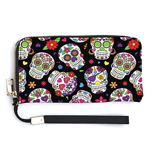 Melbrakin Day of The Dead Sugar Skull Damen-Geldbörse mit großem Fassungsvermögen, Geldbörsen für Damen, Lange Clutch-Taschen, Bedruckte PU-Handtasche mit Reißverschluss von Melbrakin