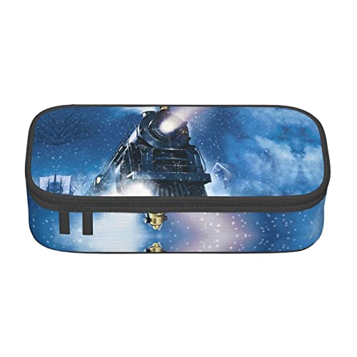 Melbrakin Federmäppchen, Motiv: Winter, Weihnachten, Schnee, Nacht, Eisenbahn, Zug, großes Fassungsvermögen, für Mädchen und Jungen, Bedruckt, Polyester, für Schule und Büro von Melbrakin