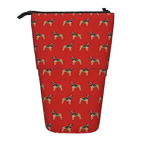 Melbrakin Border Terrier Hund, süße Hunde auf rotem Hintergrund, Stand-Federmäppchen mit Reißverschluss für Damen, Herren, Jungen und Mädchen von Melbrakin