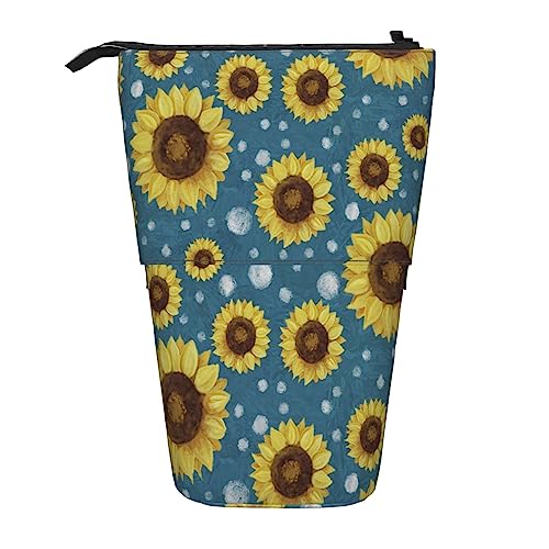 Melbrakin Federmäppchen mit Sonnenblumen-Blau-Punkt-Kreis-Wurfmuster und Reißverschluss für Damen, Herren, Jungen und Mädchen von Melbrakin