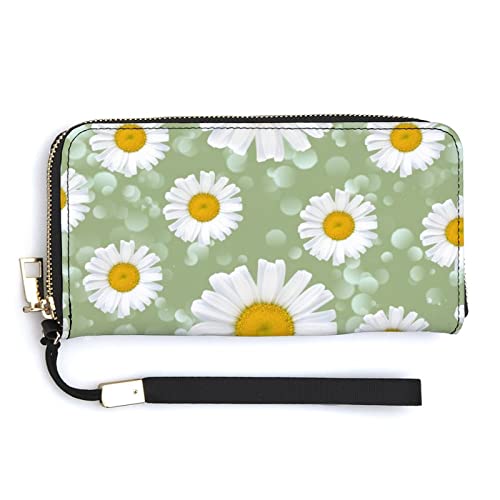Melbrakin Gänseblümchen-Blumen auf grünem Aquarell-Damenarmband-Geldbörse, große Kapazität, Geldbörsen für Damen, Lange Clutch-Taschen, Bedruckte PU-Handtasche mit Reißverschluss von Melbrakin