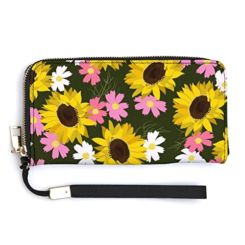 Melbrakin Gelbe Sonnenblumen, rosa Blumen, Damen-Handgelenk-Geldbörse, große Kapazität, Geldbörsen für Damen, Lange Clutch-Taschen, Bedruckte PU-Handtasche mit Reißverschluss von Melbrakin