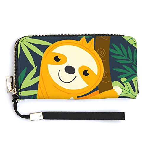 Melbrakin Gelbes Faultier auf Zweig, Tropische Pflanzen, Damen-Armband-Geldbörse, große Kapazität, Geldbörsen für Damen, Lange Clutch-Taschen, Bedruckte PU-Handtasche mit Reißverschluss von Melbrakin