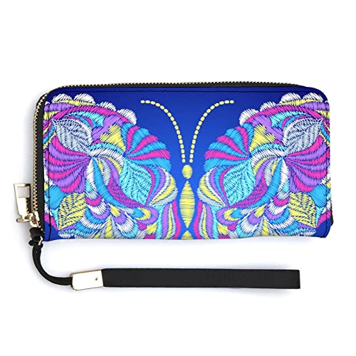 Melbrakin Gestickte Bunte Schmetterlings-Damen-Armband-Geldbörse, große Kapazität, Geldbörsen für Damen, Lange Clutch-Taschen, Bedruckte PU-Handtasche mit Reißverschluss von Melbrakin