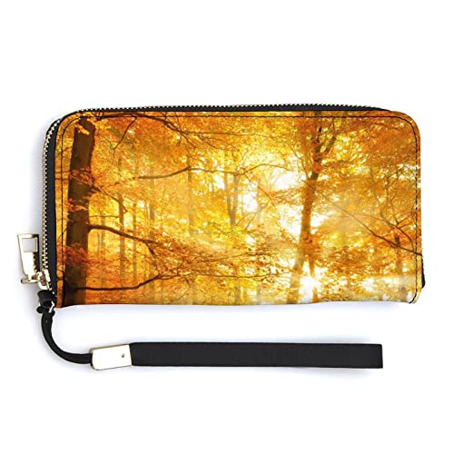 Melbrakin Herbstwald-Sonnenlicht durch Nebel Damen-Handgelenk-Geldbörse, große Kapazität, Geldbörsen für Damen, Lange Clutch-Taschen, Bedruckte PU-Handtasche mit Reißverschluss von Melbrakin