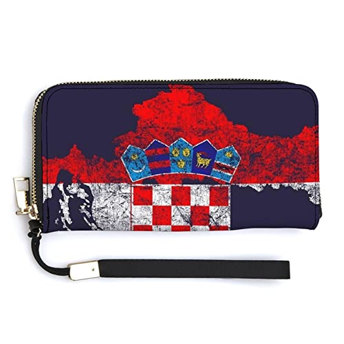 Melbrakin Kroatien-Flagge und Karte, kroatischer Stolz, Damen-Armband-Geldbörse, große Kapazität, Geldbörsen für Damen, Lange Clutch-Taschen, Bedruckte PU-Handtasche mit Reißverschluss von Melbrakin