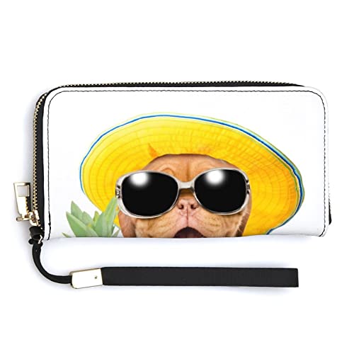 Melbrakin Lustiger Hund mit Sonnenbrille hält Pine Damen-Handgelenk-Geldbörse, große Kapazität, Geldbörsen für Damen, Lange Clutch-Taschen, Bedruckte PU-Handtasche mit Reißverschluss von Melbrakin