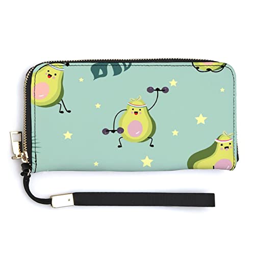 Melbrakin Mint Green Avocado Exercise on Leaf Damen-Geldbörse mit großer Kapazität, Geldbörsen für Damen, Lange Clutch-Taschen, Bedruckte PU-Handtasche mit Reißverschluss von Melbrakin