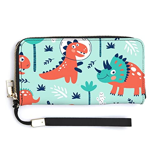 Melbrakin Niedliche Cartoon-rote Dinosaurier- und Kaktus-Damen-Handgelenk-Geldbörse, große Kapazität, Geldbörsen für Damen, Lange Clutch-Taschen, Bedruckte PU-Handtasche mit Reißverschluss von Melbrakin