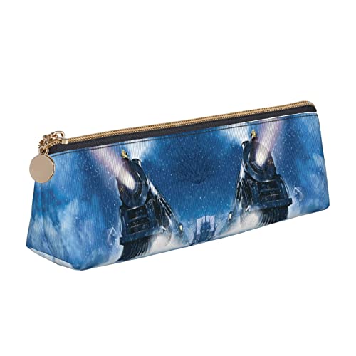 Melbrakin Niedliches Federmäppchen, Make-up-Tasche, bedrucktes Leder für Mädchen, Jungen, Schule, Büro, Winter, Weihnachten, Schnee, Nacht, Eisenbahnzug von Melbrakin