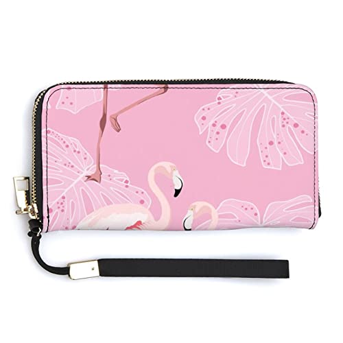 Melbrakin Rosa Flamingo-Blätter, Vintage-Sommer-Strand-Damen-Armband-Geldbörse, große Kapazität, Geldbörsen für Damen, Lange Clutch-Taschen, Bedruckte PU-Handtasche mit Reißverschluss von Melbrakin