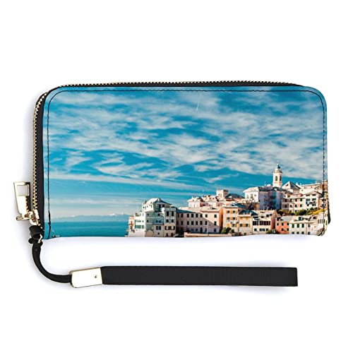 Melbrakin Schöne Meereslandschaft Damen-Handgelenk-Geldbörse, große Kapazität, Geldbörsen für Damen, Lange Clutch-Taschen, Bedruckte PU-Handtasche mit Reißverschluss von Melbrakin